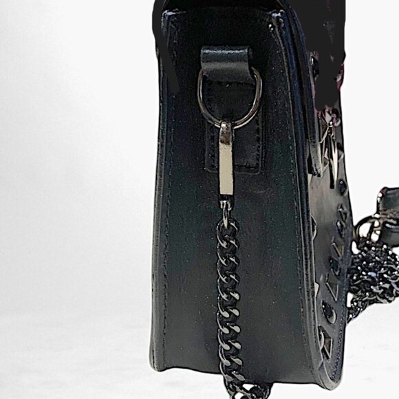 Borse in Pelle Black Studded Matte Leather Crossbody Bag w/Chainstrap - Picture 5 of 15